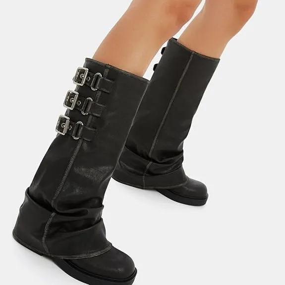 MAVMAX Women Slouchy Knee High Boots Casual Round Toe Pull On Riding Biker Boots Fold Over Chunky Low Heel Platform Boot