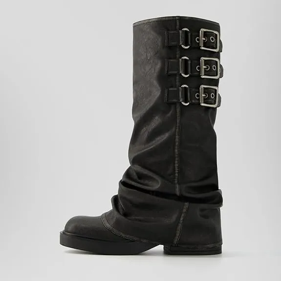 MAVMAX Women Slouchy Knee High Boots Casual Round Toe Pull On Riding Biker Boots Fold Over Chunky Low Heel Platform Boot