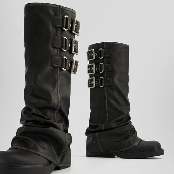 MAVMAX Women Slouchy Knee High Boots Casual Round Toe Pull On Riding Biker Boots Fold Over Chunky Low Heel Platform Boot