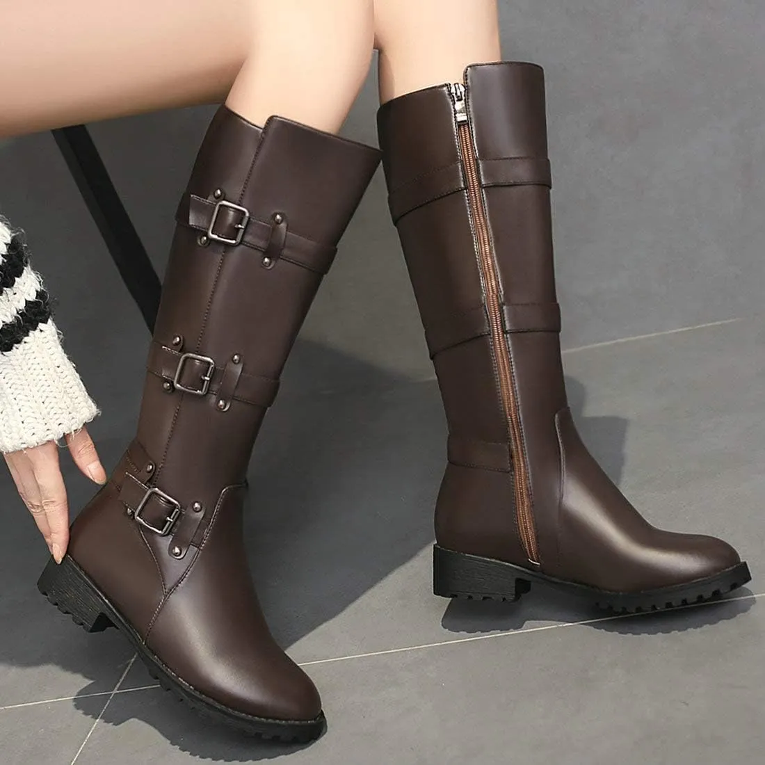 MAVMAX Women's Zipper Knee High Moto Boots Round Toe Motorcycle Boots Chunky Low Heel Biker Booties Buckle Long Riding Boot