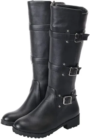 MAVMAX Women's Zipper Knee High Moto Boots Round Toe Motorcycle Boots Chunky Low Heel Biker Booties Buckle Long Riding Boot