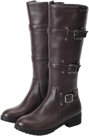 MAVMAX Women's Zipper Knee High Moto Boots Round Toe Motorcycle Boots Chunky Low Heel Biker Booties Buckle Long Riding Boot