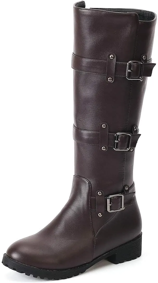 MAVMAX Women's Zipper Knee High Moto Boots Round Toe Motorcycle Boots Chunky Low Heel Biker Booties Buckle Long Riding Boot