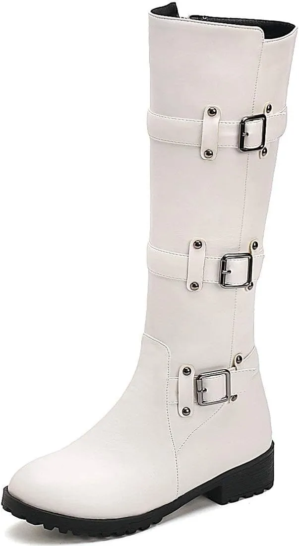 MAVMAX Women's Zipper Knee High Moto Boots Round Toe Motorcycle Boots Chunky Low Heel Biker Booties Buckle Long Riding Boot