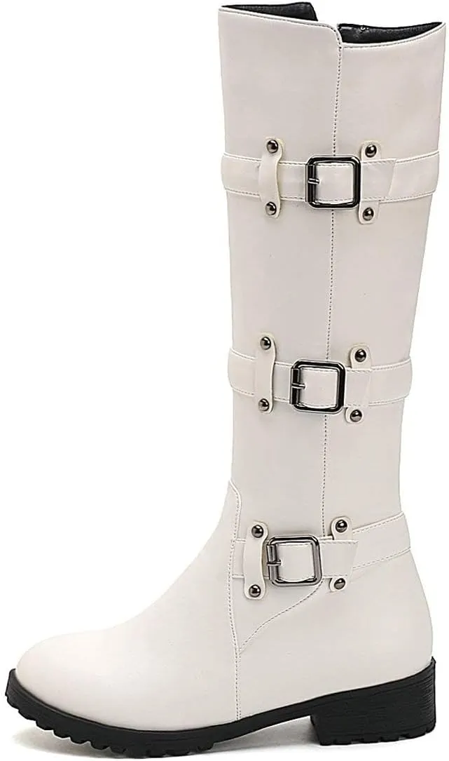 MAVMAX Women's Zipper Knee High Moto Boots Round Toe Motorcycle Boots Chunky Low Heel Biker Booties Buckle Long Riding Boot