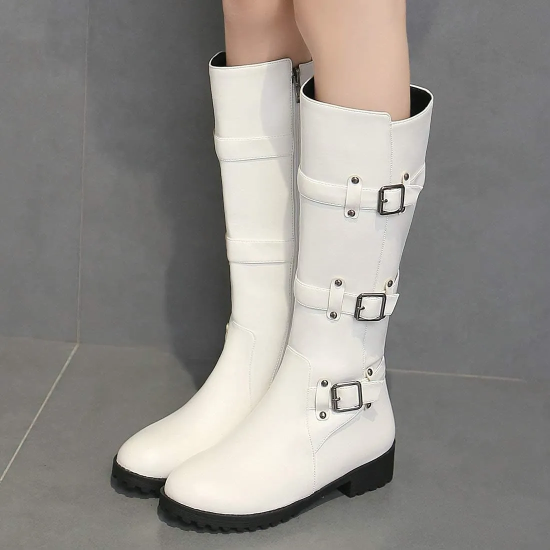 MAVMAX Women's Zipper Knee High Moto Boots Round Toe Motorcycle Boots Chunky Low Heel Biker Booties Buckle Long Riding Boot