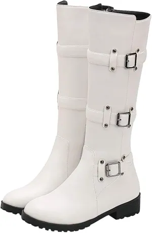 MAVMAX Women's Zipper Knee High Moto Boots Round Toe Motorcycle Boots Chunky Low Heel Biker Booties Buckle Long Riding Boot