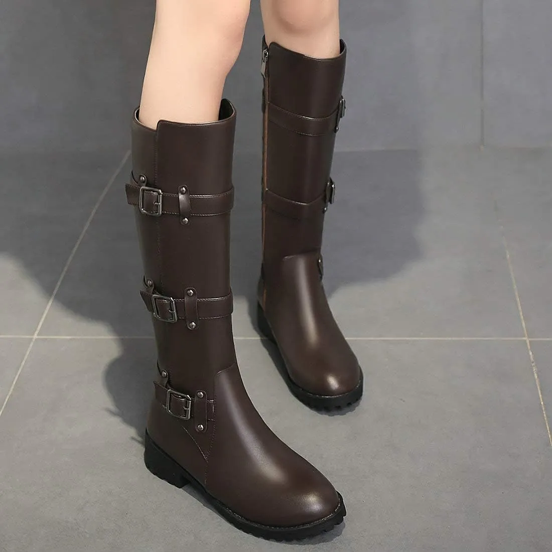 MAVMAX Women's Zipper Knee High Moto Boots Round Toe Motorcycle Boots Chunky Low Heel Biker Booties Buckle Long Riding Boot