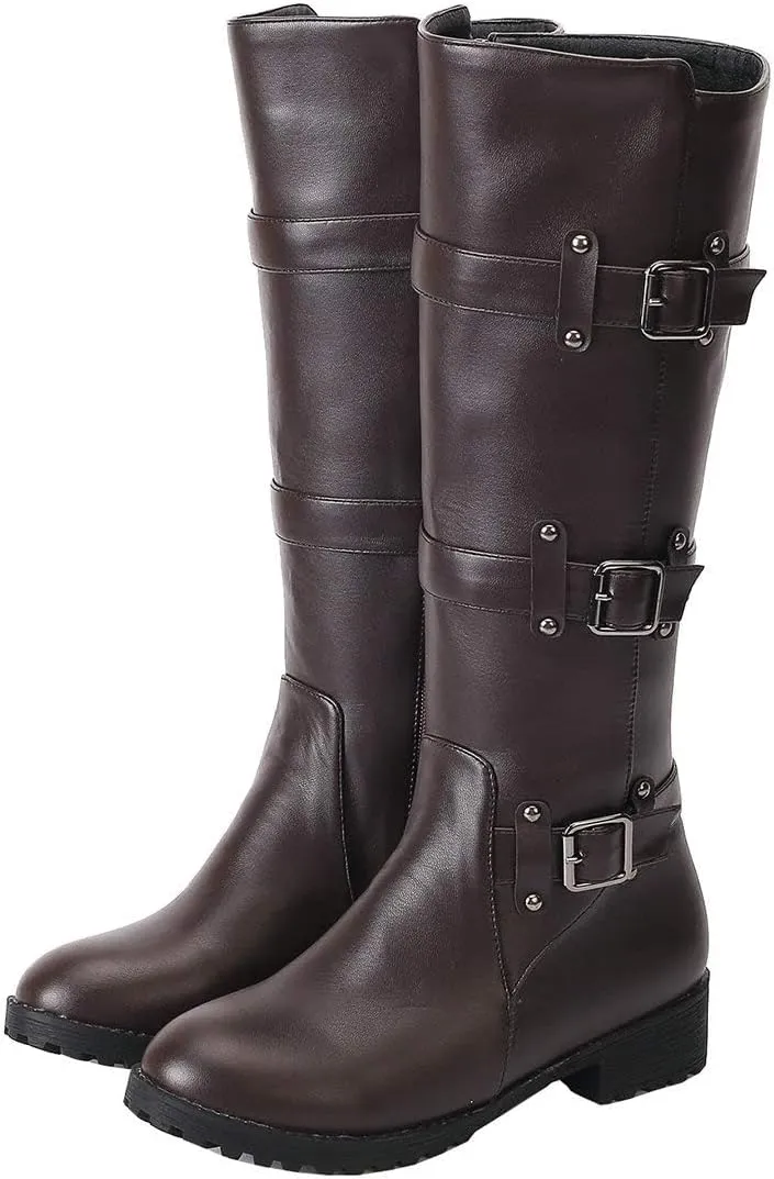 MAVMAX Women's Zipper Knee High Moto Boots Round Toe Motorcycle Boots Chunky Low Heel Biker Booties Buckle Long Riding Boot