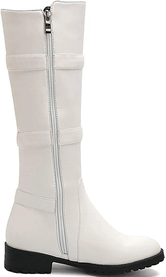 MAVMAX Women's Zipper Knee High Moto Boots Round Toe Motorcycle Boots Chunky Low Heel Biker Booties Buckle Long Riding Boot