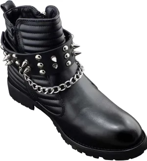 Men Biker Punk Boots Bracelets Silver Chain Black Pair Leather Strap Spikes (with chain（one pair）)