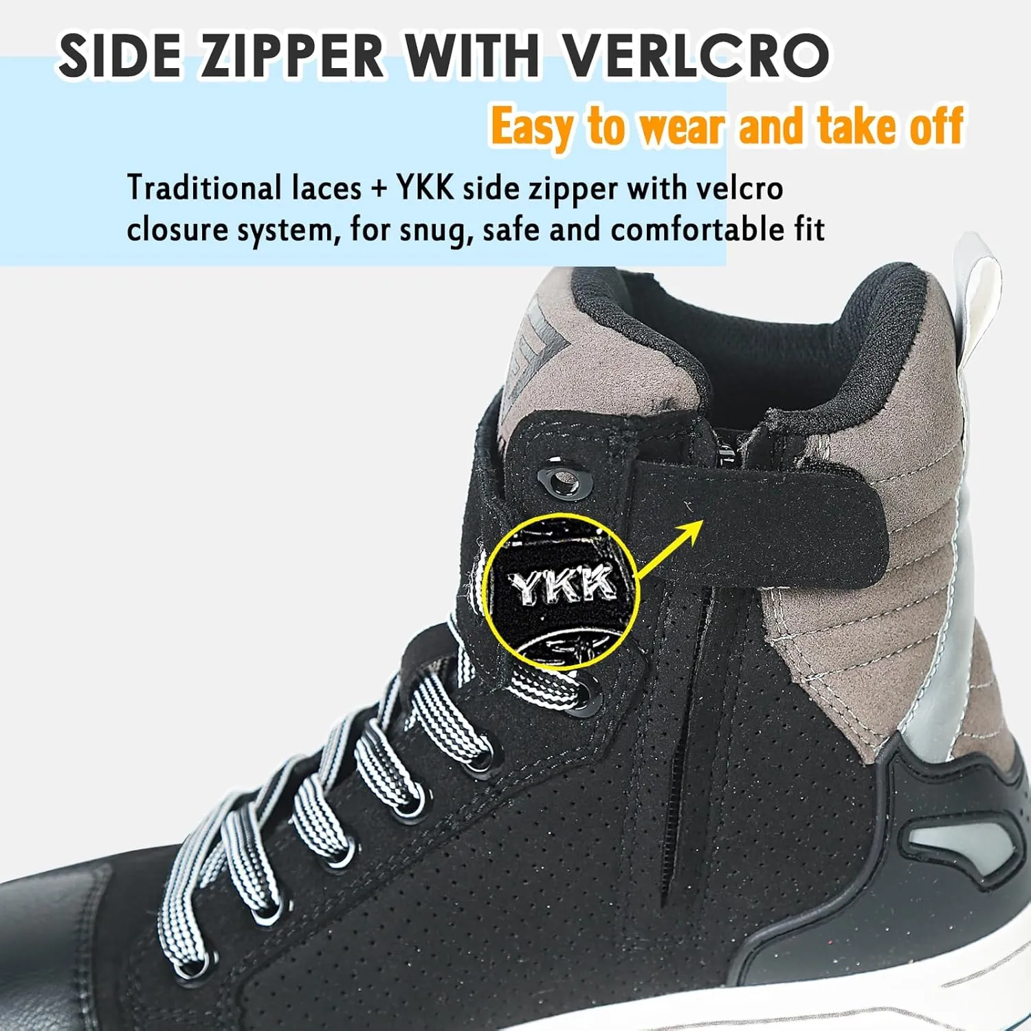 Men Casual Motorcycle Shoes Suede Riding High Top Sneakers, Cowhide with Double Layer,with Gear Shift Pad and Side Zipper