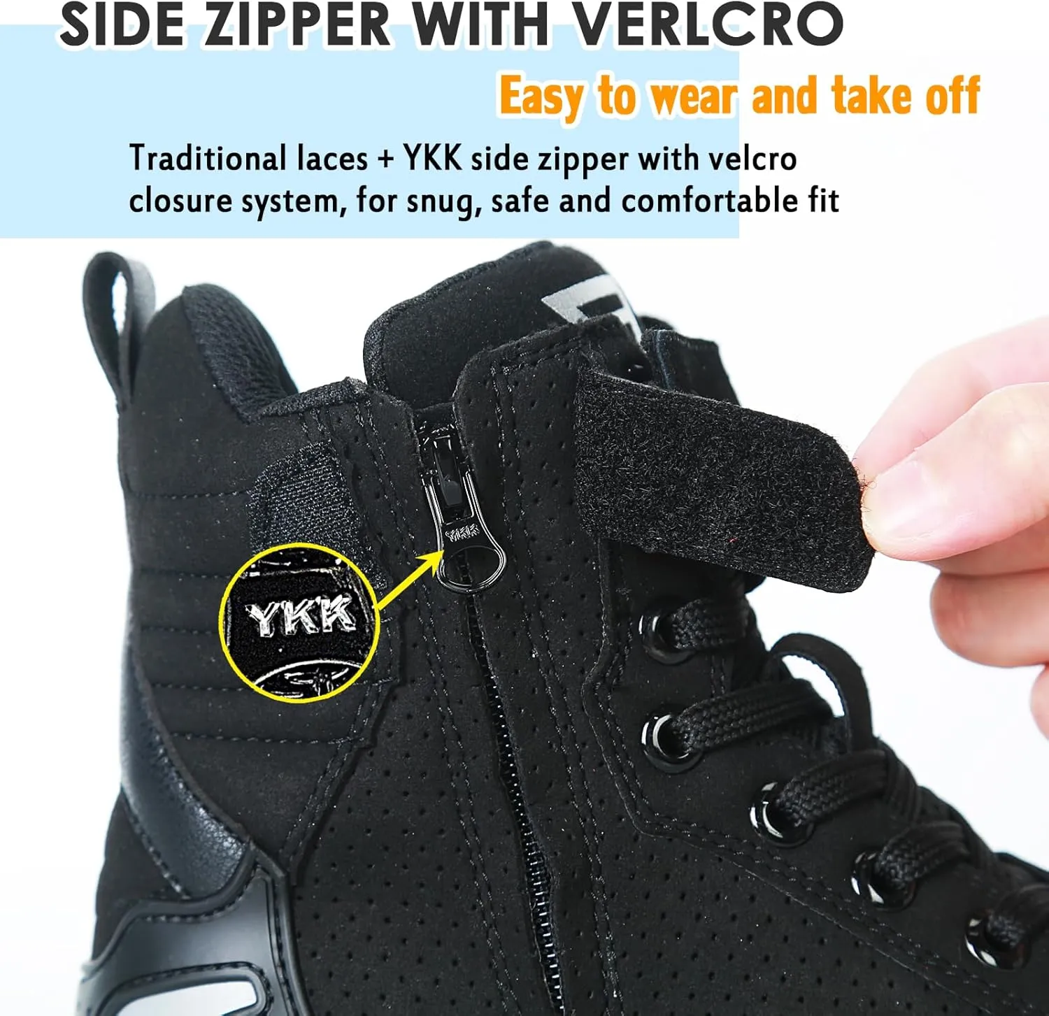 Men Casual Motorcycle Shoes Suede Riding High Top Sneakers, Cowhide with Double Layer,with Gear Shift Pad and Side Zipper