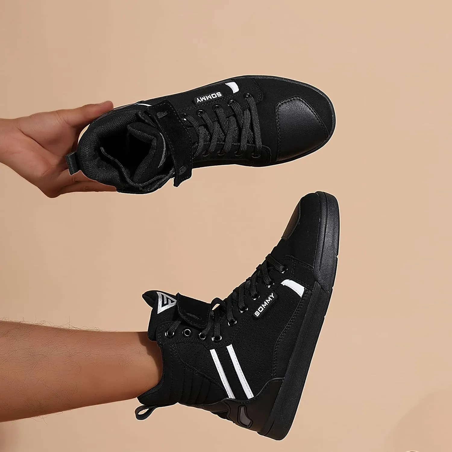 Men Casual Motorcycle Shoes Suede Riding High Top Sneakers, Cowhide with Double Layer,with Gear Shift Pad and Side Zipper