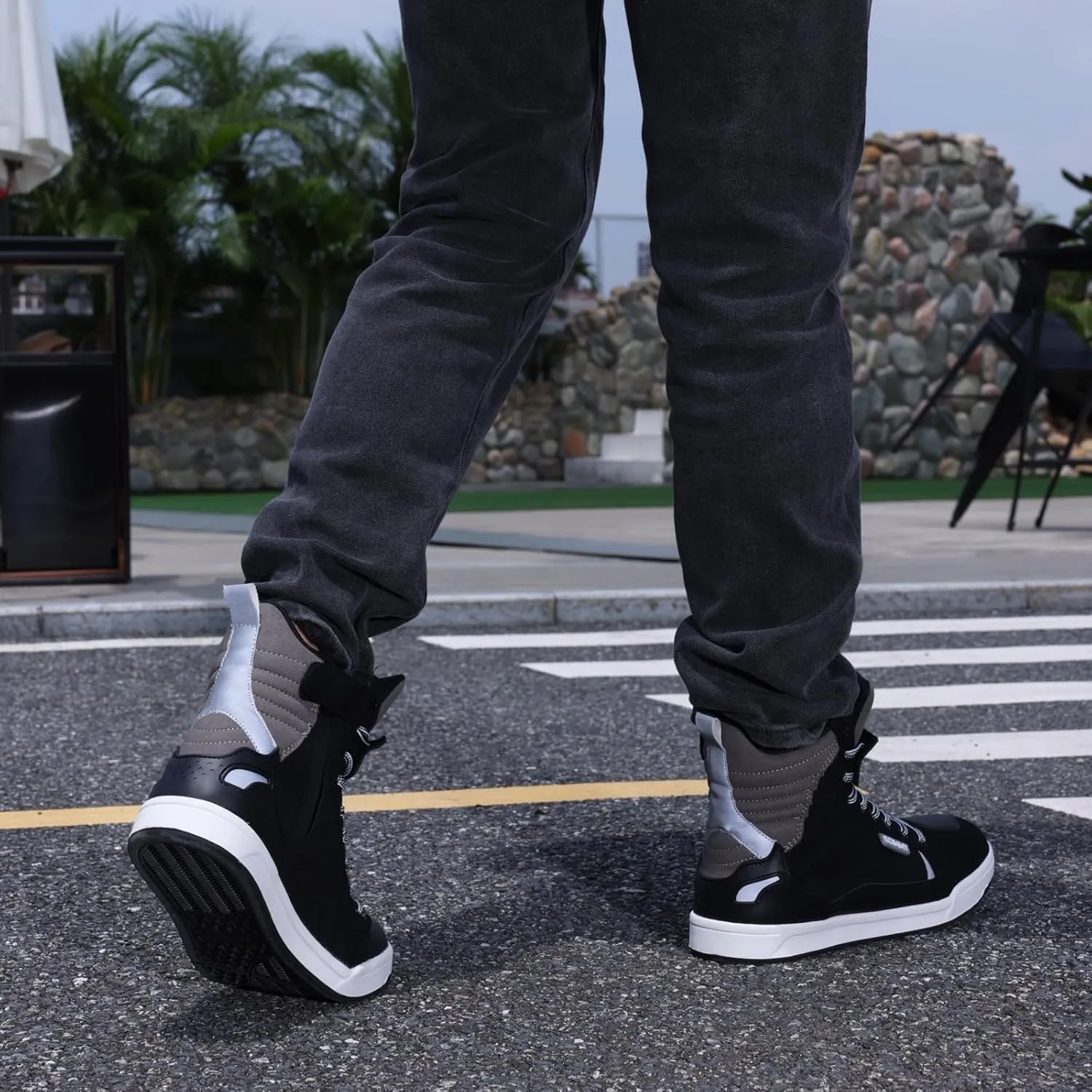 Men Casual Motorcycle Shoes Suede Riding High Top Sneakers, Cowhide with Double Layer,with Gear Shift Pad and Side Zipper