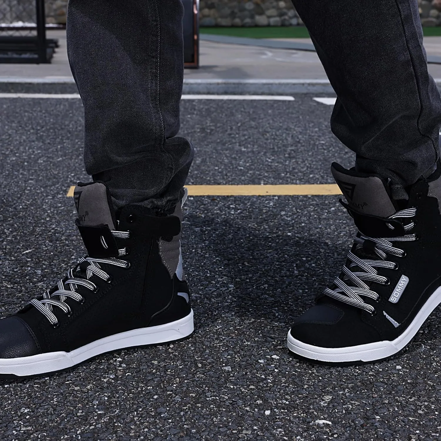 Men Casual Motorcycle Shoes Suede Riding High Top Sneakers, Cowhide with Double Layer,with Gear Shift Pad and Side Zipper