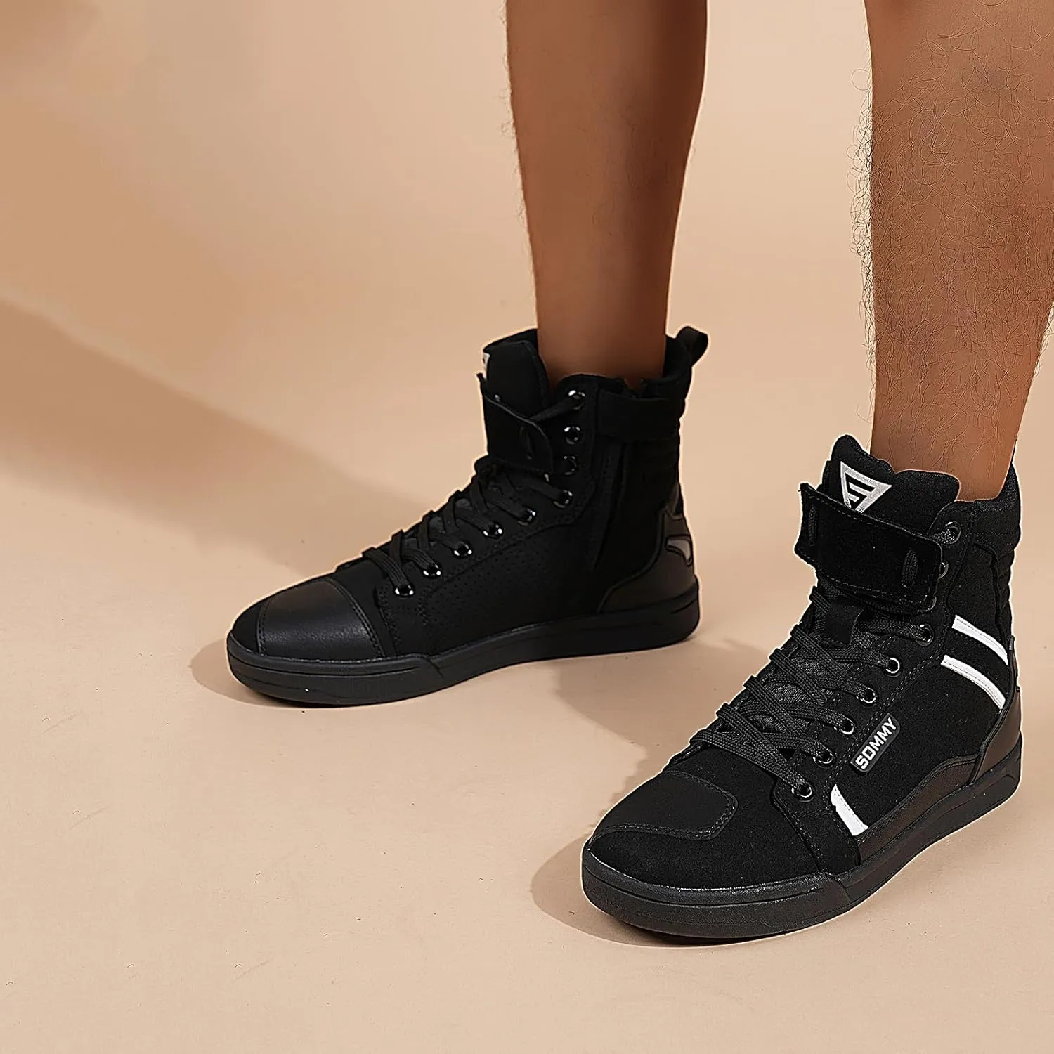 Men Casual Motorcycle Shoes Suede Riding High Top Sneakers, Cowhide with Double Layer,with Gear Shift Pad and Side Zipper