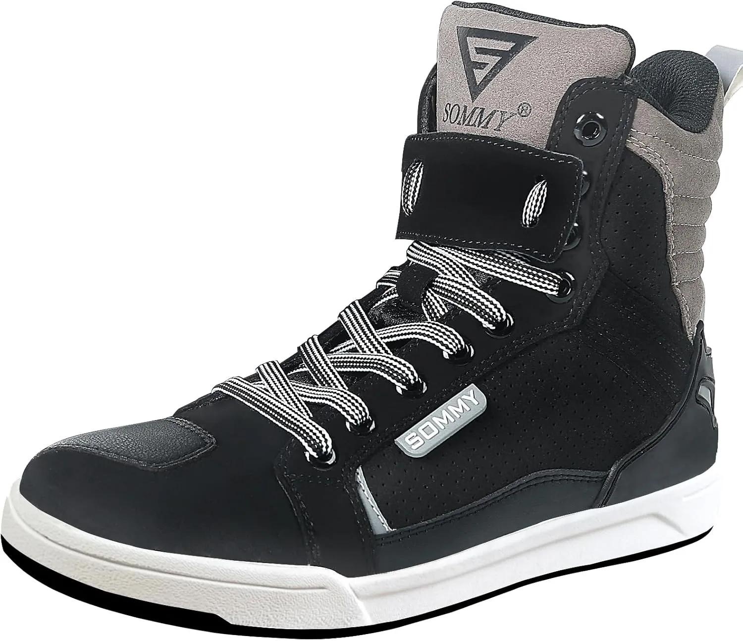 Men Casual Motorcycle Shoes Suede Riding High Top Sneakers, Cowhide with Double Layer,with Gear Shift Pad and Side Zipper