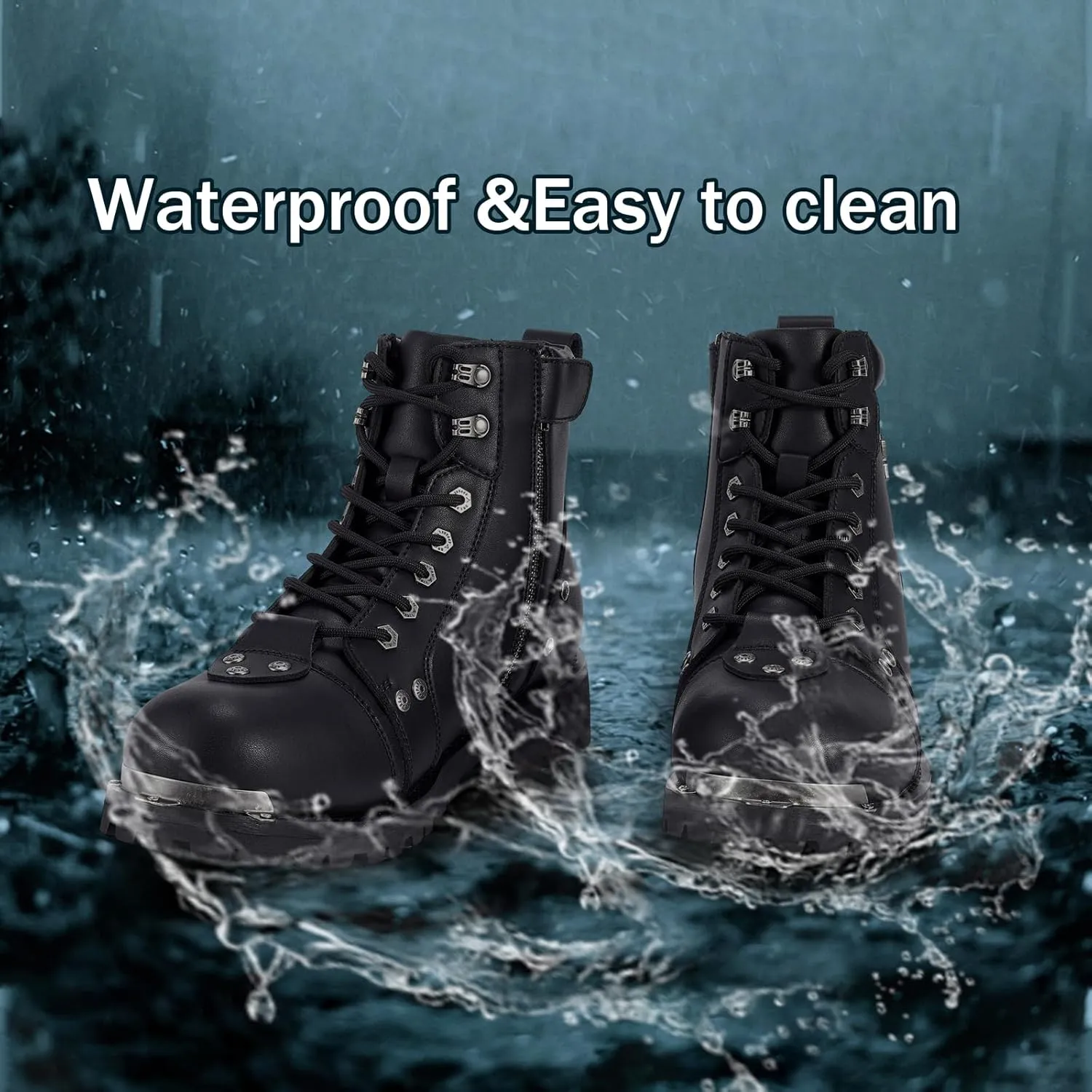 Men's Motorcycle Boot For Riding PU Leather Combat Boots For Men Waterproof Biker Boots with Lace-Up Side Zipper