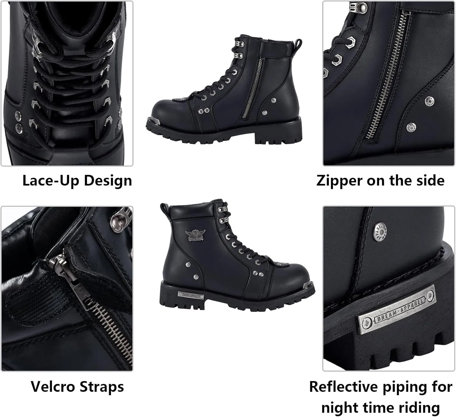 Men's Motorcycle Boot For Riding PU Leather Combat Boots For Men Waterproof Biker Boots with Lace-Up Side Zipper
