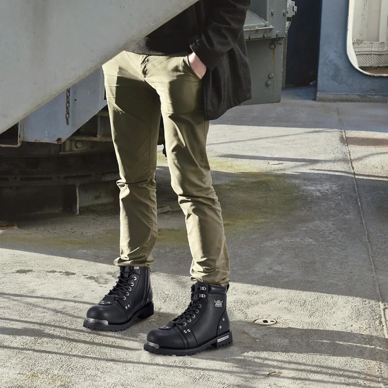 Men's Motorcycle Boot For Riding PU Leather Combat Boots For Men Waterproof Biker Boots with Lace-Up Side Zipper