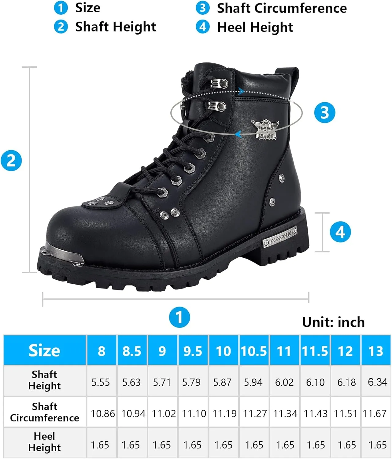 Men's Motorcycle Boot For Riding PU Leather Combat Boots For Men Waterproof Biker Boots with Lace-Up Side Zipper