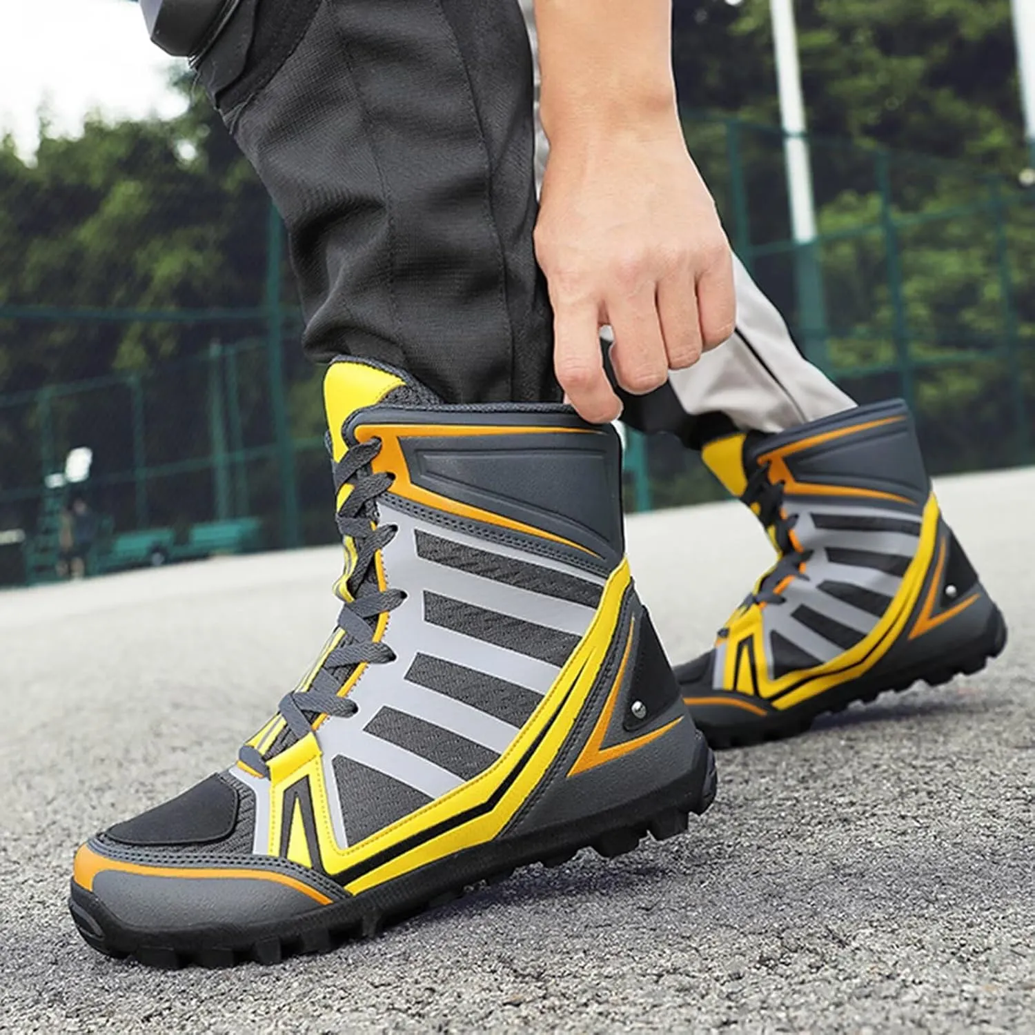 Men's Motorcycle Boots Racing Shoes High-Top Road Street Motocross Protective Boots Lace up Breathable Biker Sneakers Touring Sports Safety Shoes - Extra Gear Shift Pad