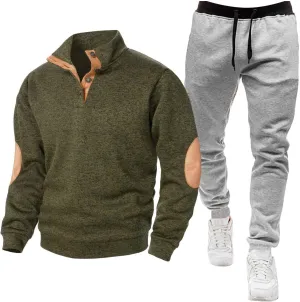 Mens Polo Sweatsuit 2 Piece Quarter Button Patch Pullover Sweatshirt Jogger Sweatpants Sets Casual Tracksuit Outfits