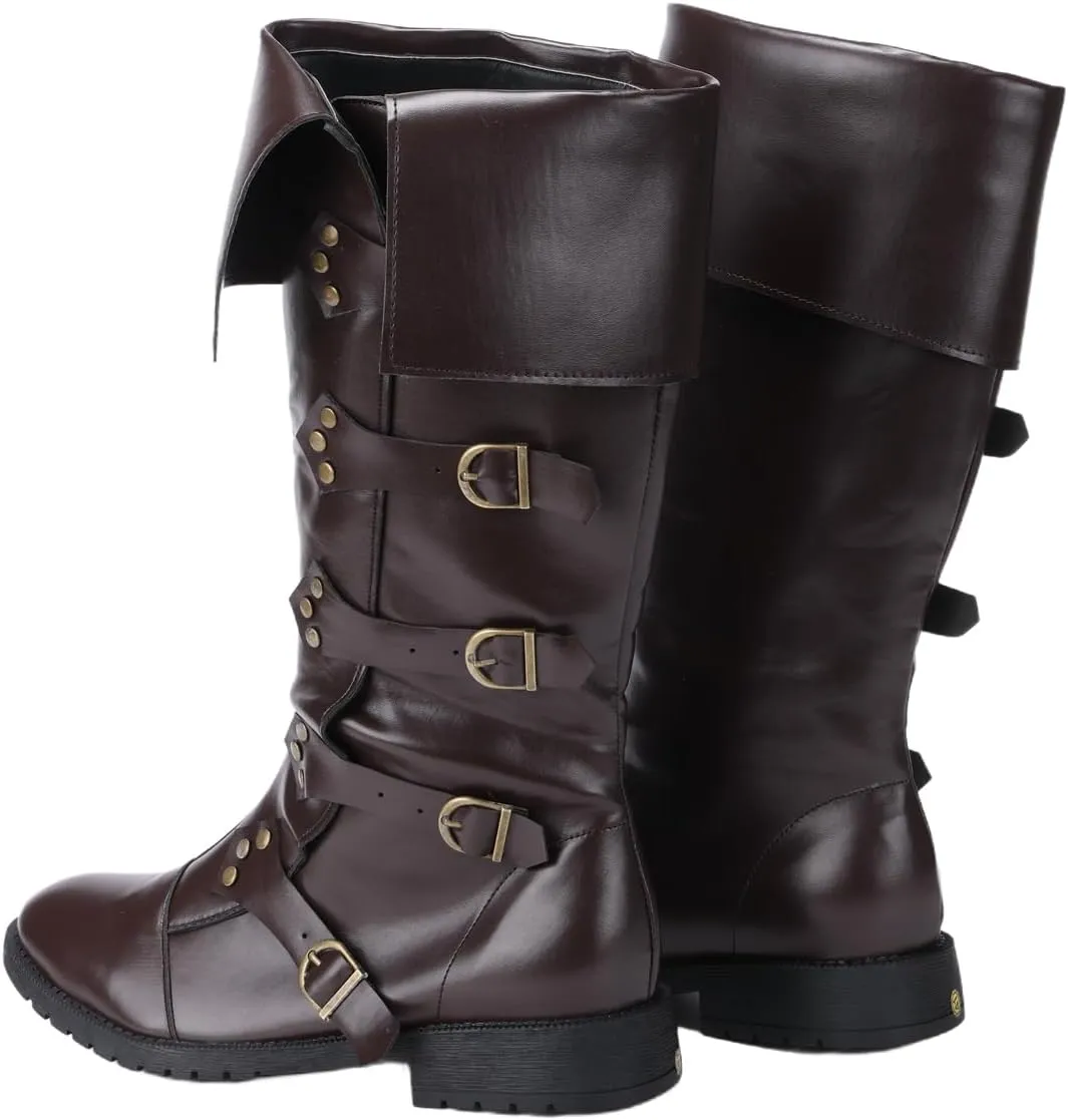 Mens Renaissance Vintage Pirate Boots Medieval Cosplay Halloween Viking Riding Faux Leather Boots