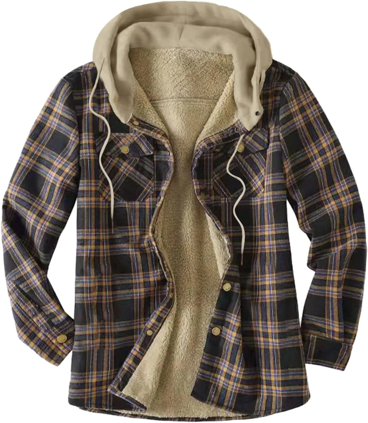 Mens Warm Fleece Sherpa Lined Plaid Flannel Hooded Shirt Jacket Outdoor Casual Thermal Button Up Winter Work Coat