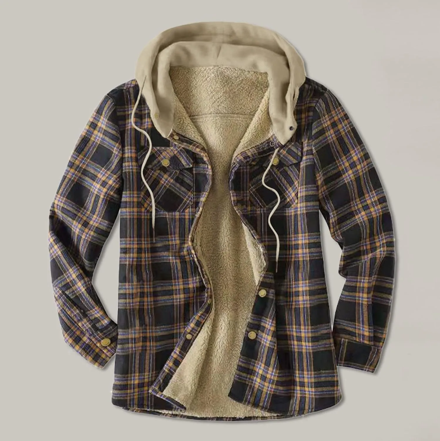 Mens Warm Fleece Sherpa Lined Plaid Flannel Hooded Shirt Jacket Outdoor Casual Thermal Button Up Winter Work Coat