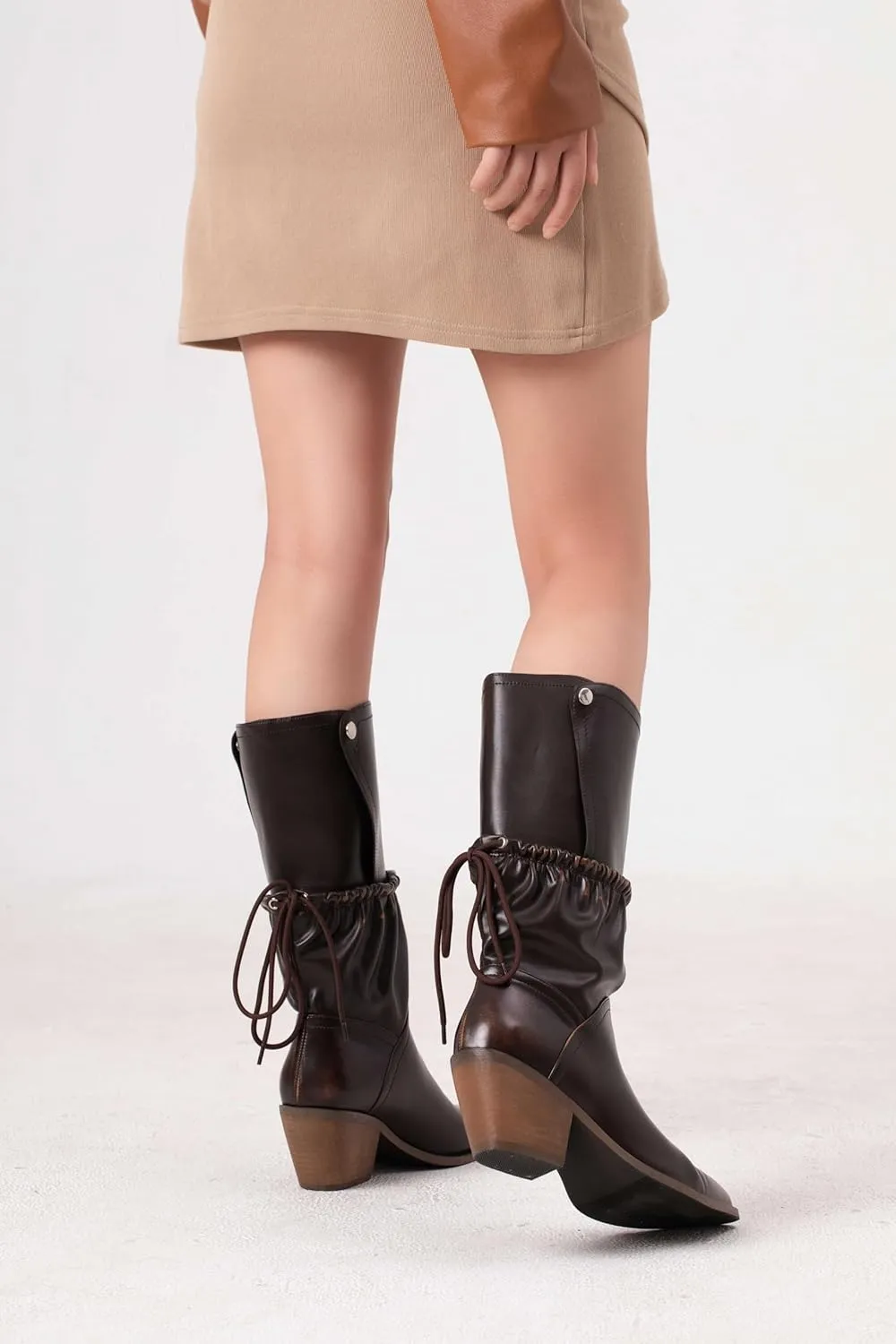 Mid-calf Boots for Women Biker Motorcycle Riding Boots Fold Over Block Western Ankle Boots Chunky Heel Shark Boots