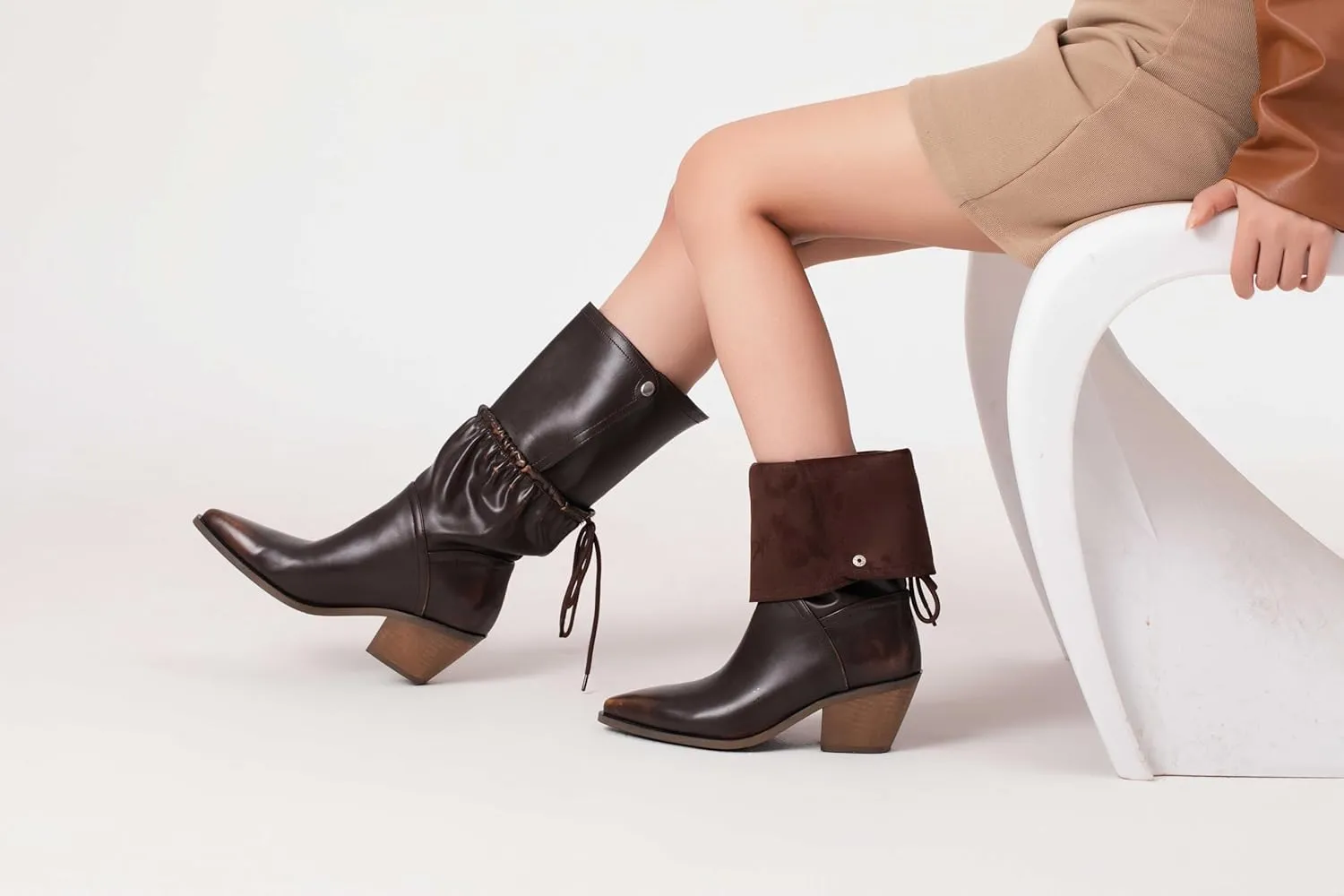 Mid-calf Boots for Women Biker Motorcycle Riding Boots Fold Over Block Western Ankle Boots Chunky Heel Shark Boots