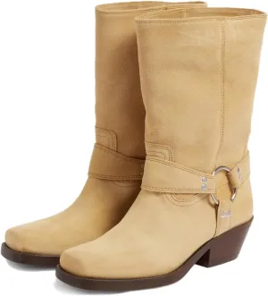 Mid Calf Boots for Women Studded Boots with Buckles Square Toe Motorcycle Boots Women's Biker Boots Low Chunky Heel
