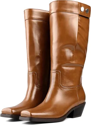 Mid Calf Women's Square Toe Western Cowboy Biker Boots Low Heel