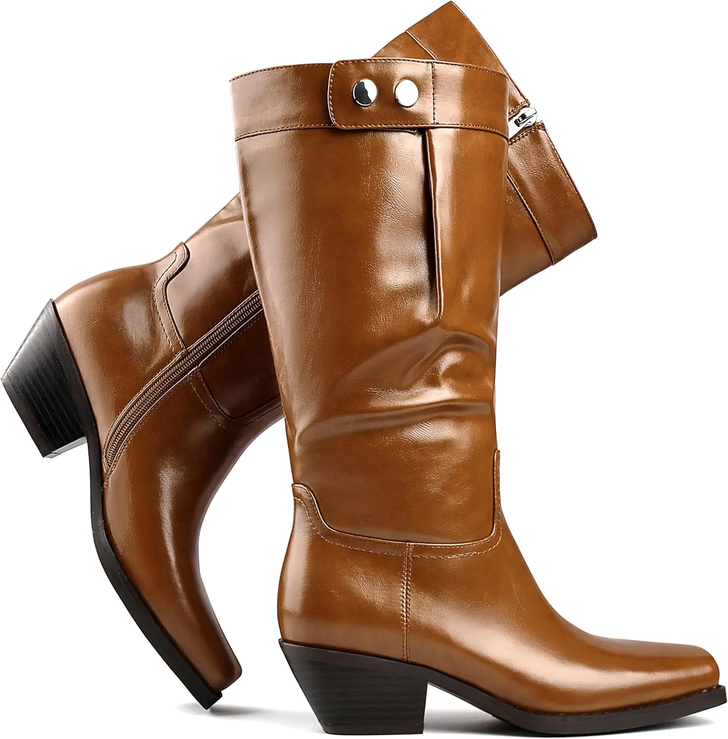 Mid Calf Women's Square Toe Western Cowboy Biker Boots Low Heel