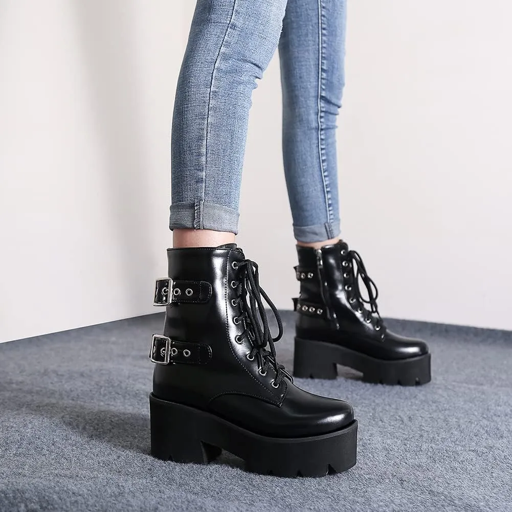 mikarka Women's Chain Platform Boots Lace Up & Zipper Chunky Heel Black Combat Ankle Booties Fashion Studded Motorcycle Boots