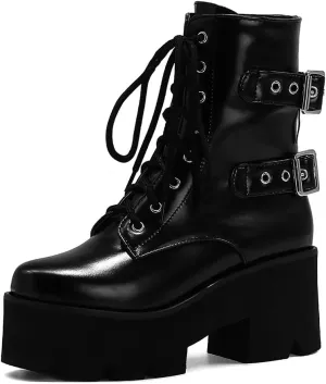 mikarka Women's Chain Platform Boots Lace Up & Zipper Chunky Heel Black Combat Ankle Booties Fashion Studded Motorcycle Boots