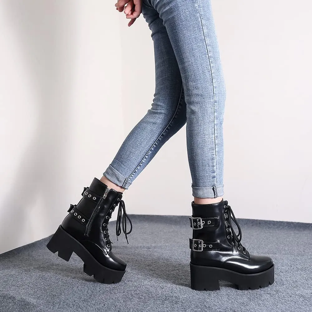 mikarka Women's Chain Platform Boots Lace Up & Zipper Chunky Heel Black Combat Ankle Booties Fashion Studded Motorcycle Boots