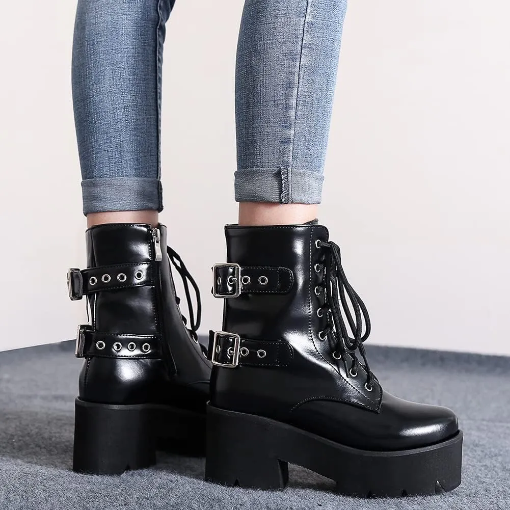 mikarka Women's Chain Platform Boots Lace Up & Zipper Chunky Heel Black Combat Ankle Booties Fashion Studded Motorcycle Boots