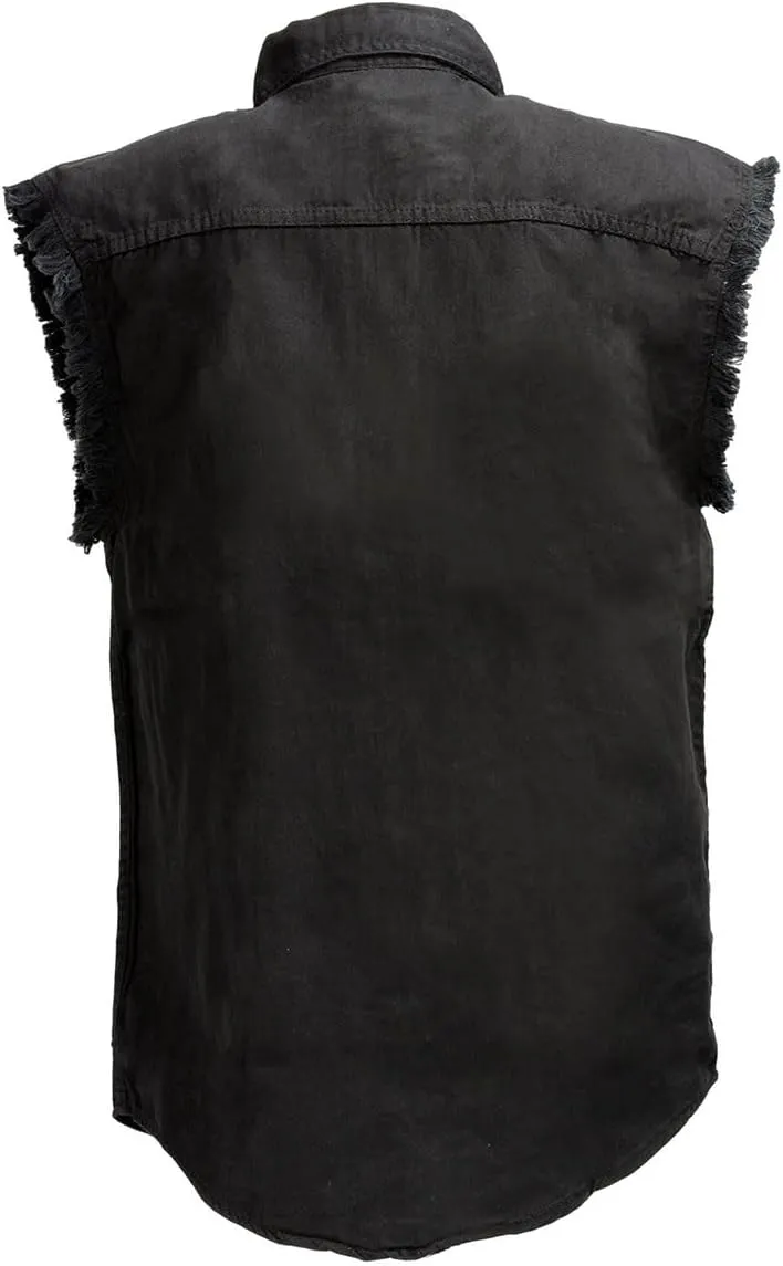 Milwaukee Leather DM1002 Men's Black Lightweight Denim Shirt with Frayed Cut Off Sleeveless