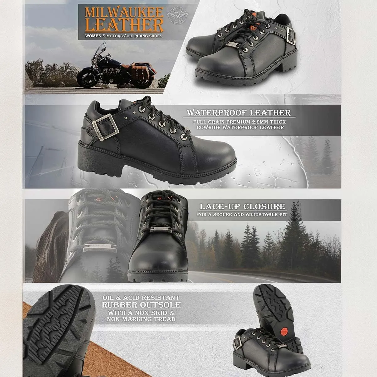Milwaukee Leather MBL9311 Women's Black Leather Lace-Up Motorcycle Riding Shoes with Anti-Slip Outsole - 10