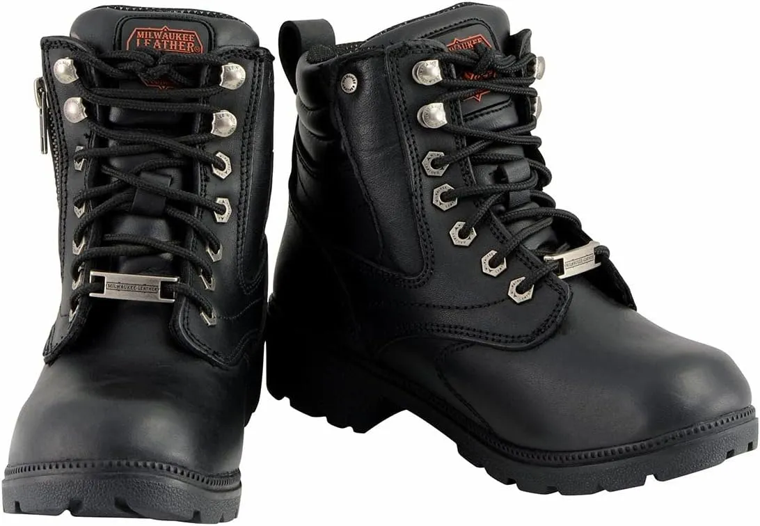 Milwaukee Leather MBL9321WP Women's Black Waterproof Lace-Up Motorcycle Biker Rider Boots w/Side Zipper