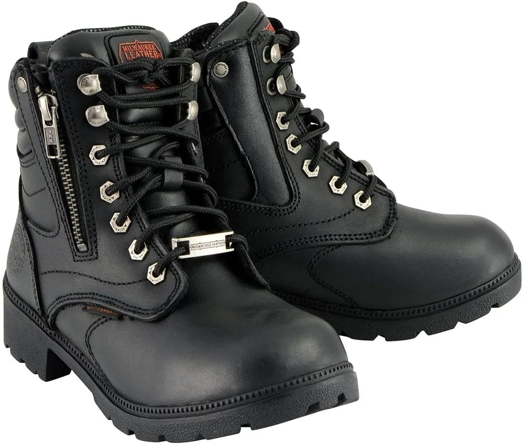 Milwaukee Leather MBL9321WP Women's Black Waterproof Lace-Up Motorcycle Biker Rider Boots w/Side Zipper