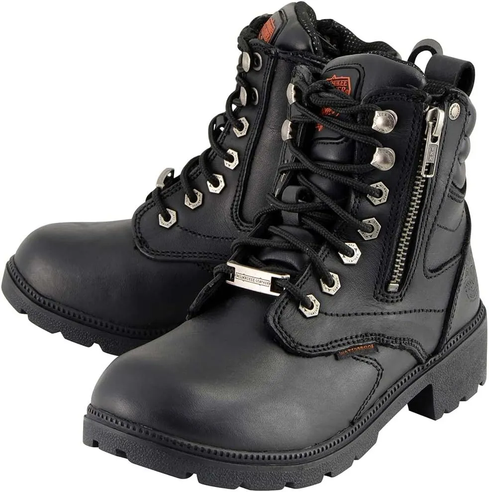 Milwaukee Leather MBL9321WP Women's Black Waterproof Lace-Up Motorcycle Biker Rider Boots w/Side Zipper