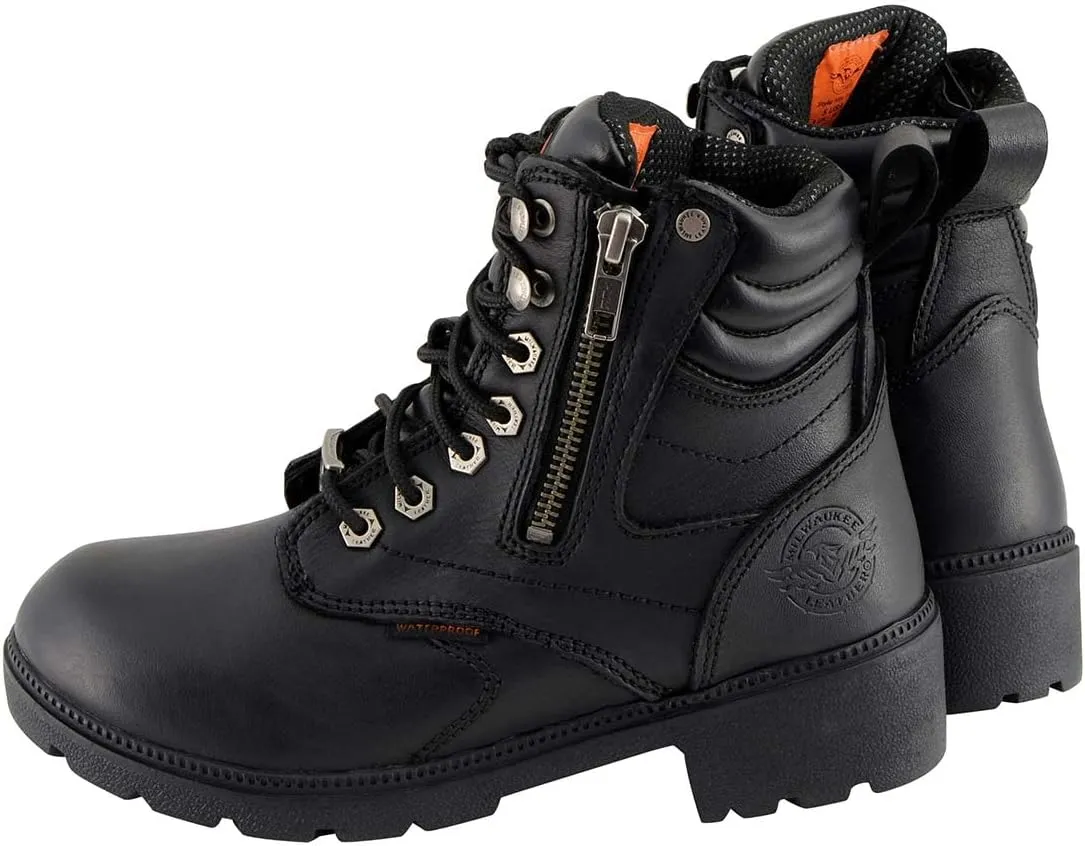 Milwaukee Leather MBL9321WP Women's Black Waterproof Lace-Up Motorcycle Biker Rider Boots w/Side Zipper