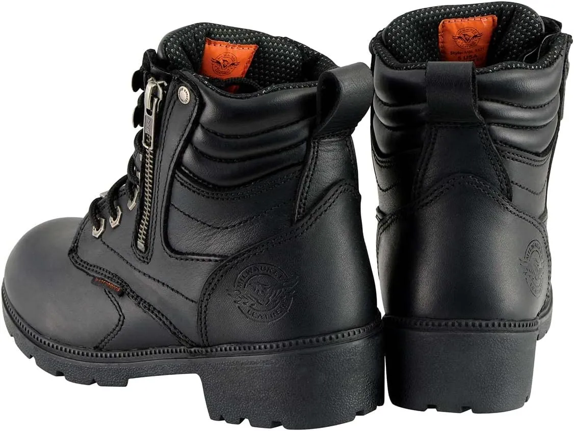 Milwaukee Leather MBL9321WP Women's Black Waterproof Lace-Up Motorcycle Biker Rider Boots w/Side Zipper