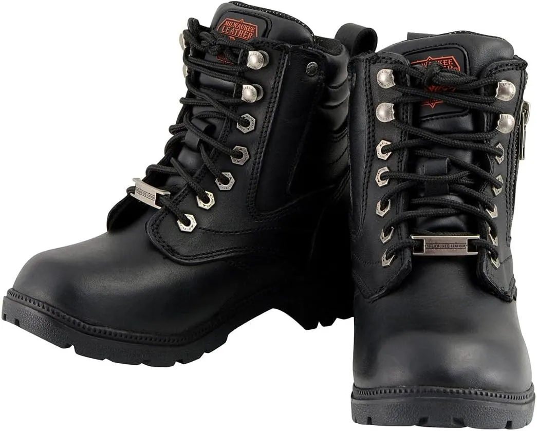 Milwaukee Leather MBL9321WP Women's Black Waterproof Lace-Up Motorcycle Biker Rider Boots w/Side Zipper
