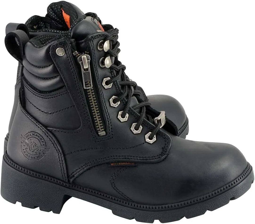 Milwaukee Leather MBL9321WP Women's Black Waterproof Lace-Up Motorcycle Biker Rider Boots w/Side Zipper