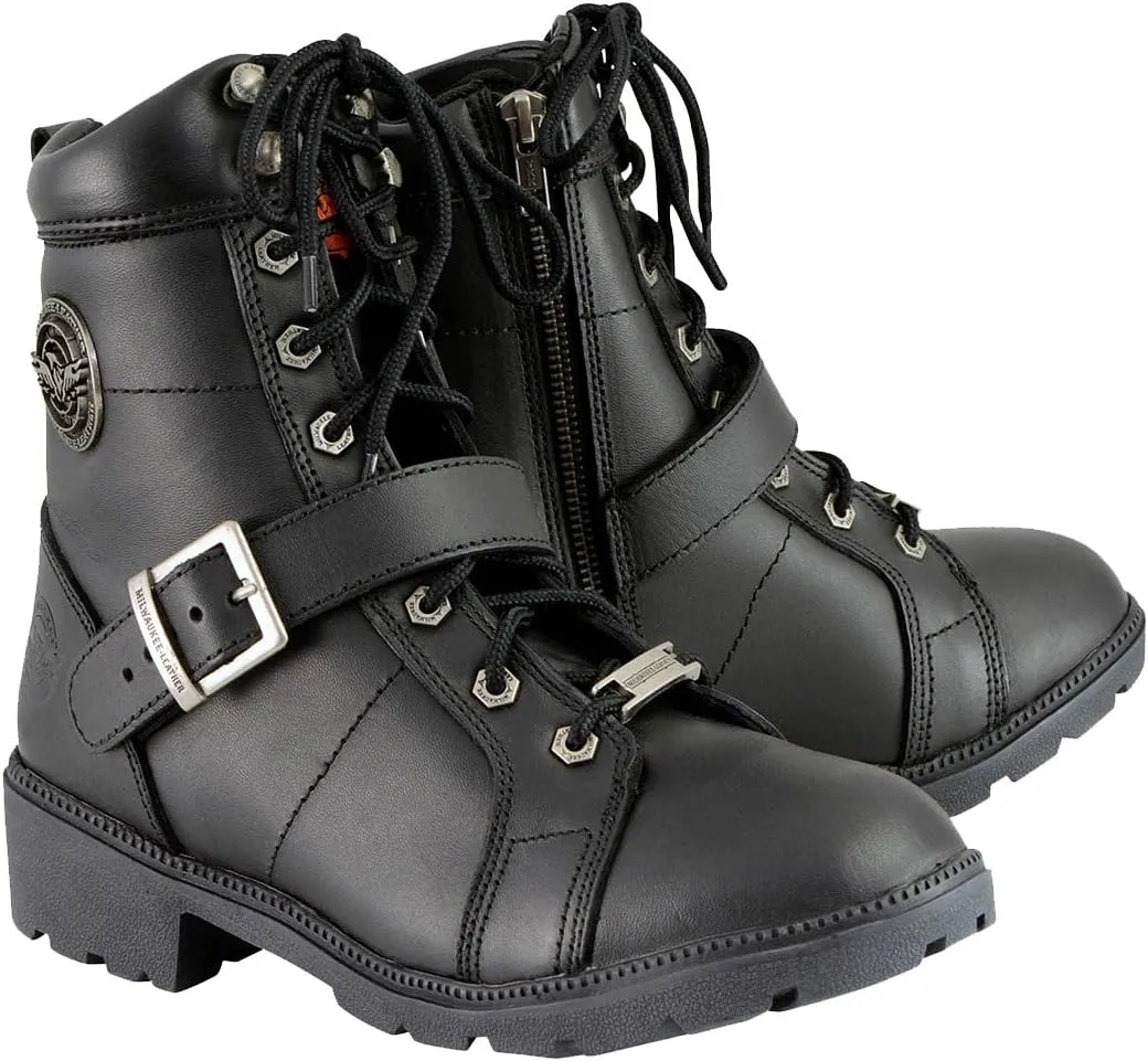 Milwaukee Leather MBL9325 Women's Premium Black Lace-Up Classic Leather Motorcycle Biker Boots w/Side Zipper
